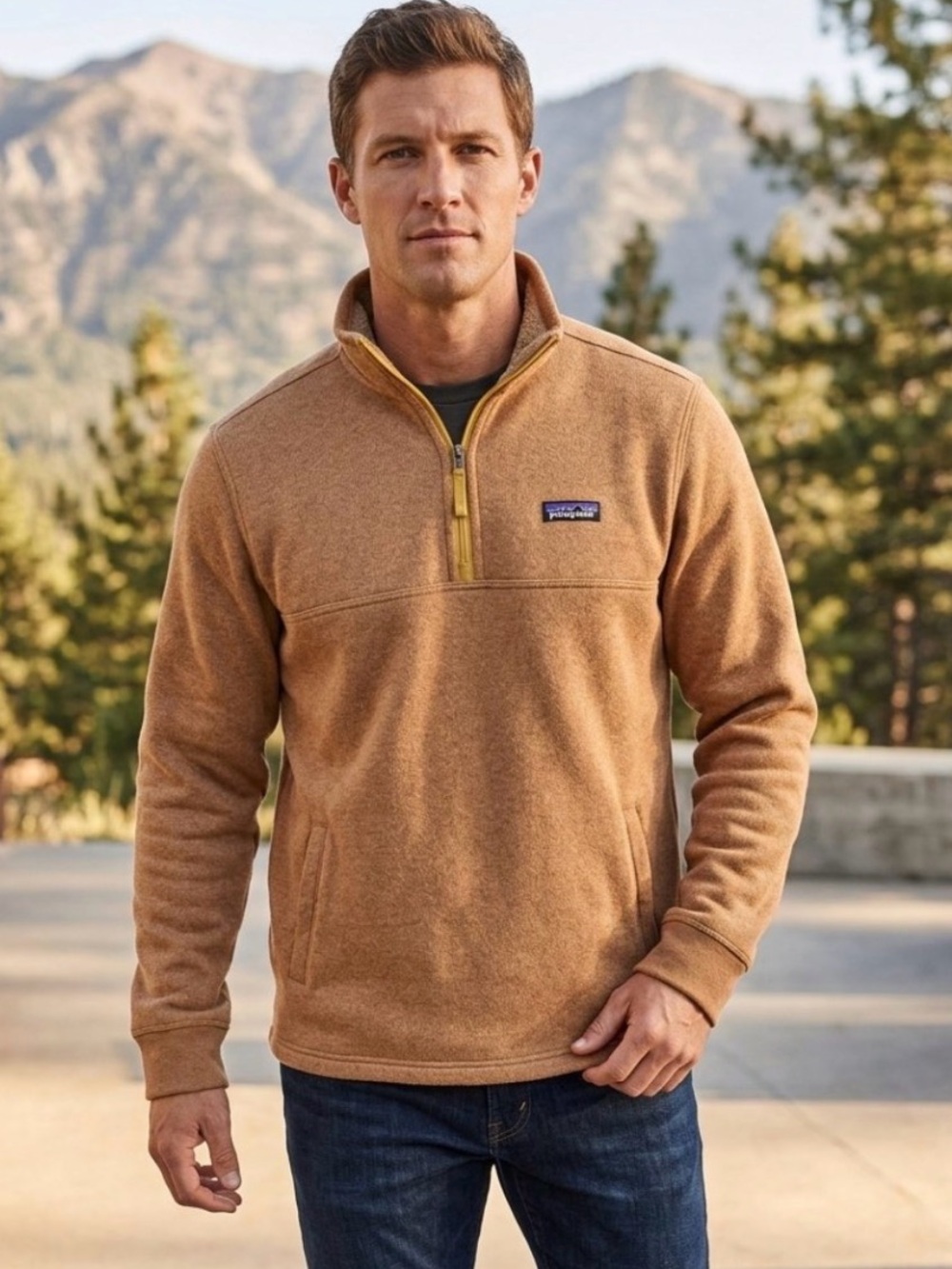 Patagonia Worn Wear Men's Mahnya Fleece Pullover Sweatshirt Size XL Tan/Orange